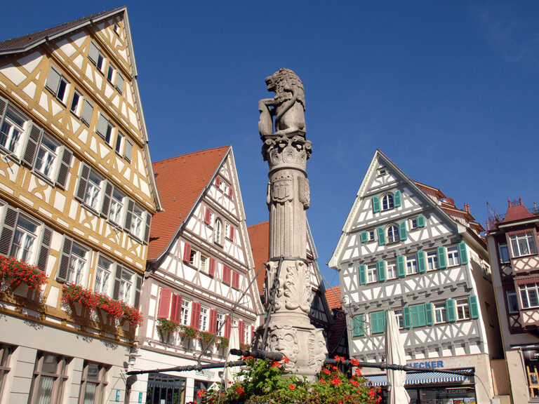 Historischer Marktplatz von Herrenberg mit Fachwerkhäusern nahe dem Ringhotel Gasthof Hasen