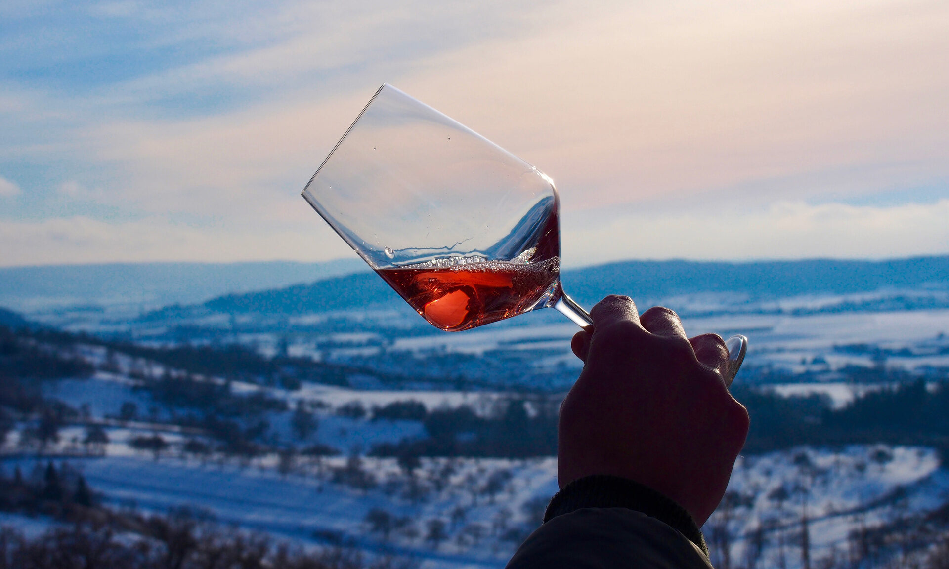 Ein Glas Rotwein wird geschwenkt, im Hintergrund die Aussicht über das Herrenberger Umland.
